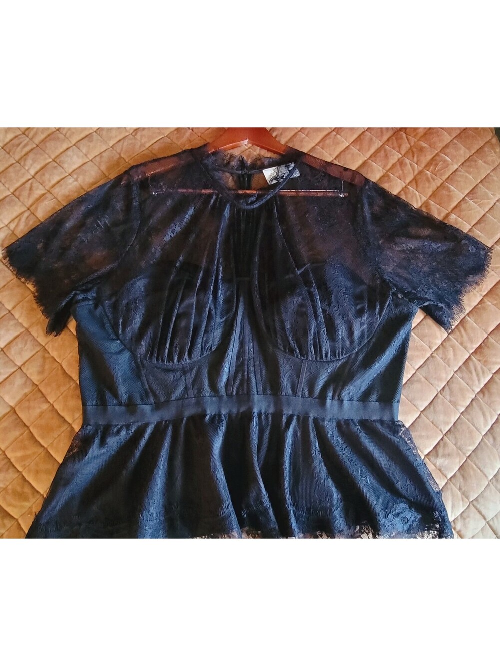 Black Lace Short-Sleeve Peplum Blouse by